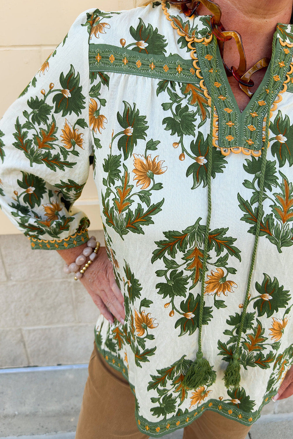 Green Plus Size Floral Printed Detail Blouse