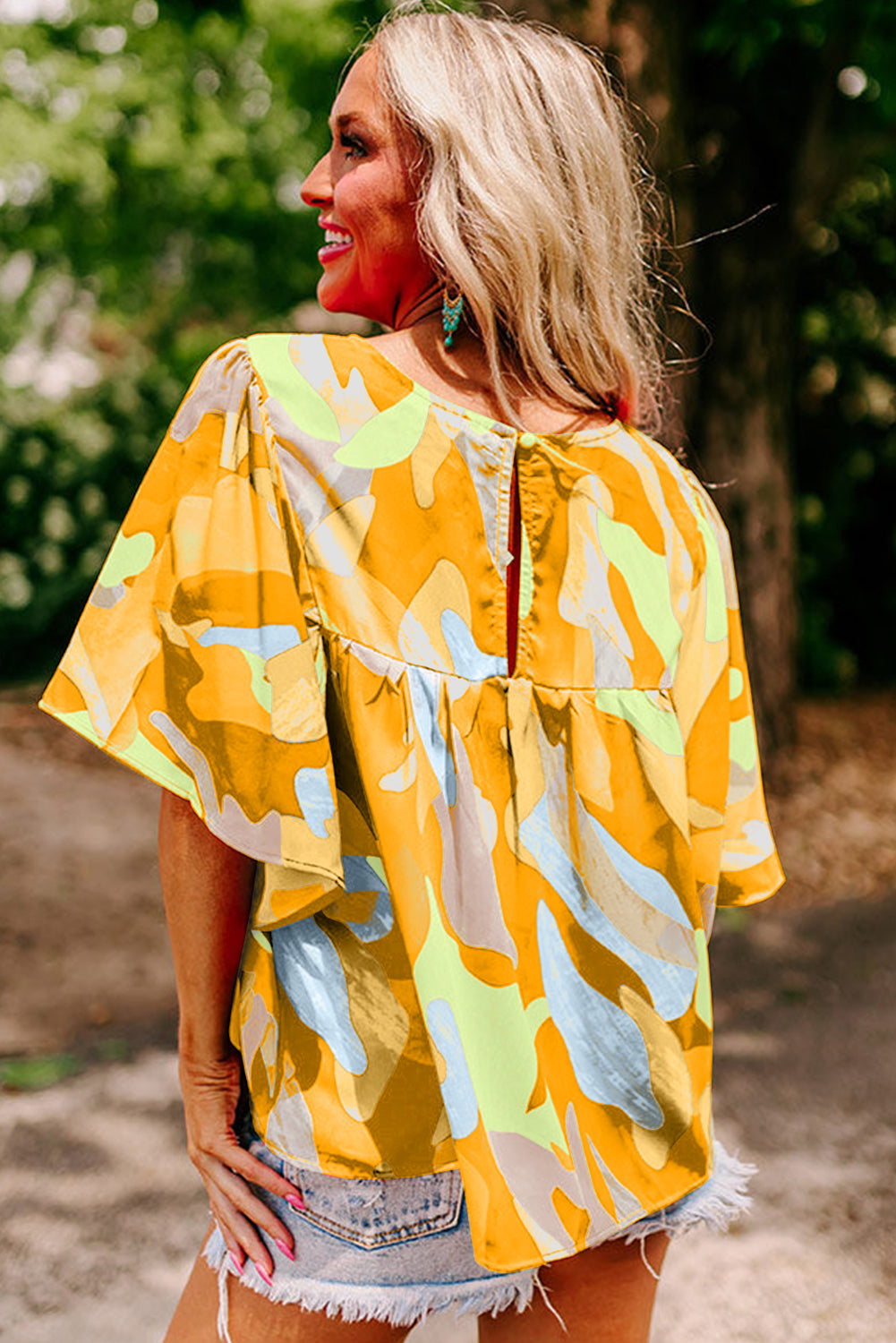 Orange Abstract Pattern Wide Sleeve Crew Neck Blouse