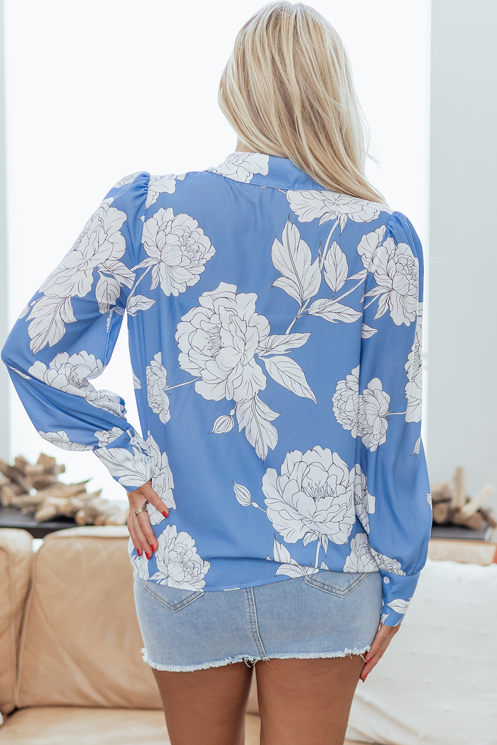 Sky Blue Floral Print Button Up Shirt
