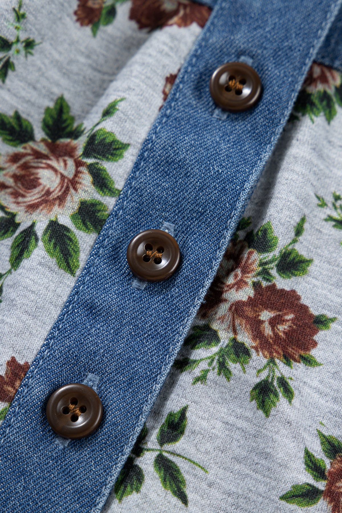 Floral Print Denim Buttoned Polo Collar Top