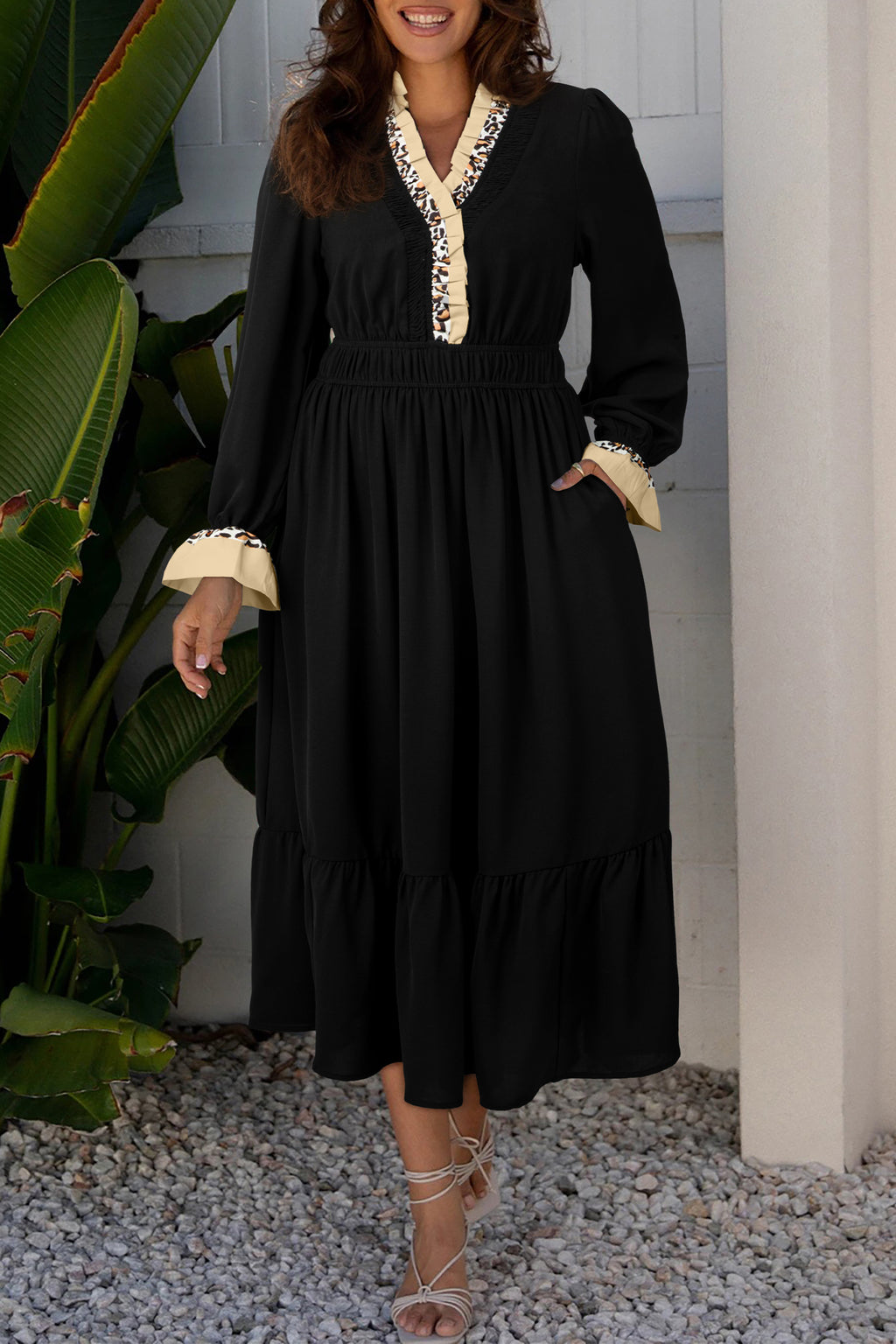 Black Contrast Leopard Dress