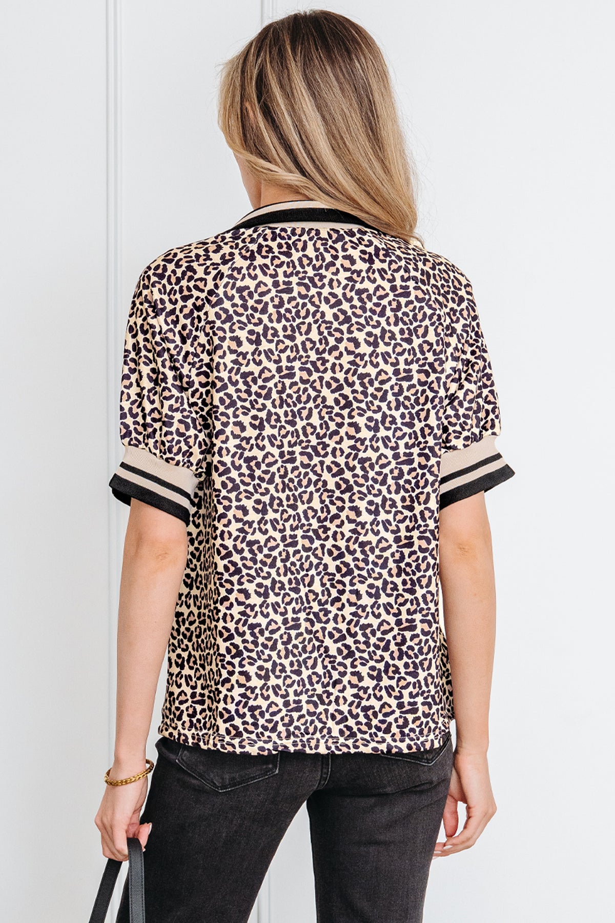 Khaki Leopard Print Half Zip Short Sleeve Top