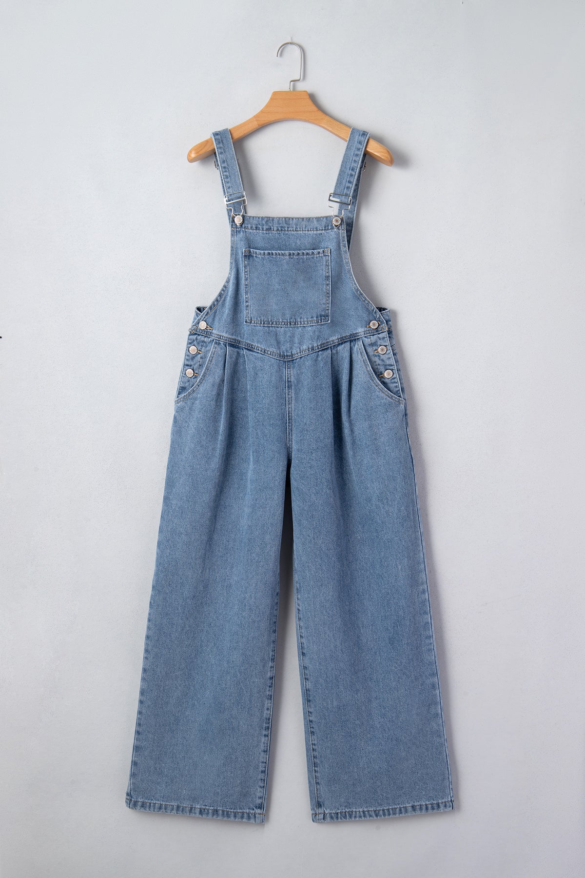 Dusk Blue Pleated Wide Leg Retro Pocketed Denim Jumpsuit