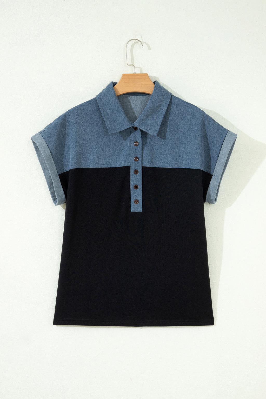 Denim Polo Collar Short Sleeve Top