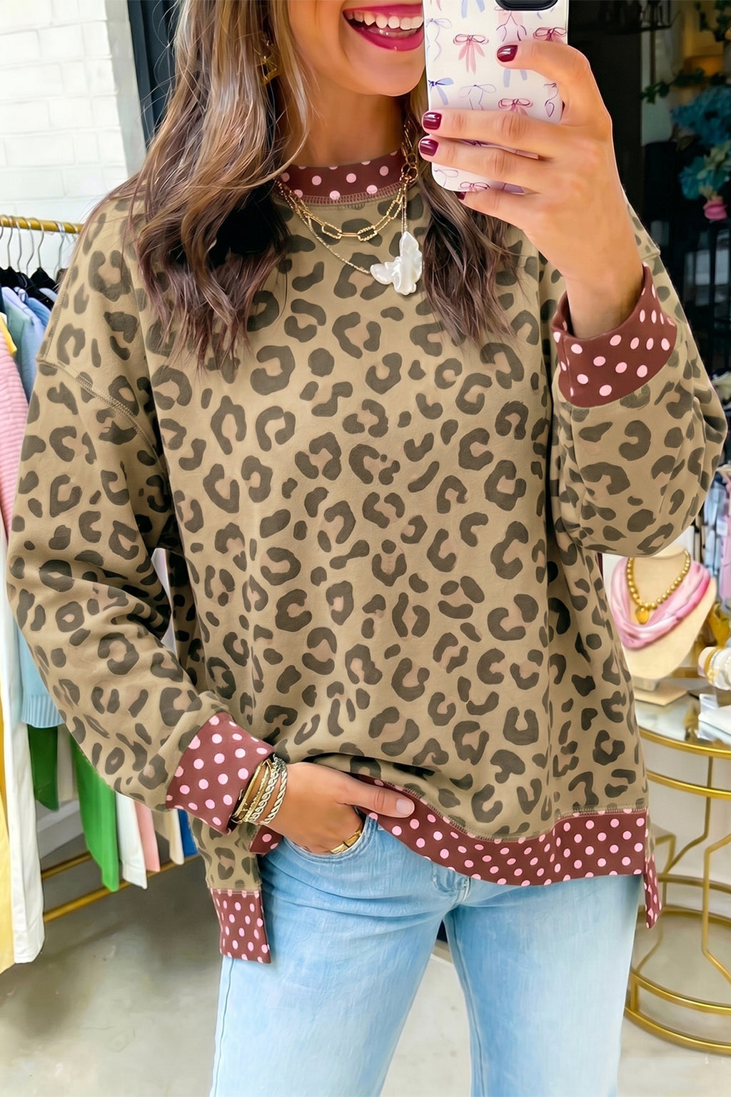 Leopard Polka Dot Long Sleeve Top