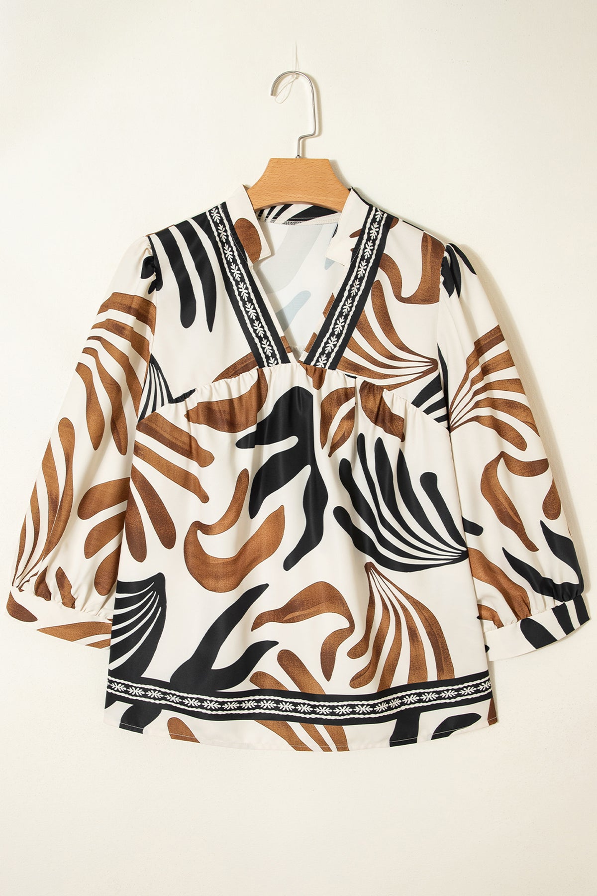 Brown Abstract Print Puff Sleeve Loose Blouse