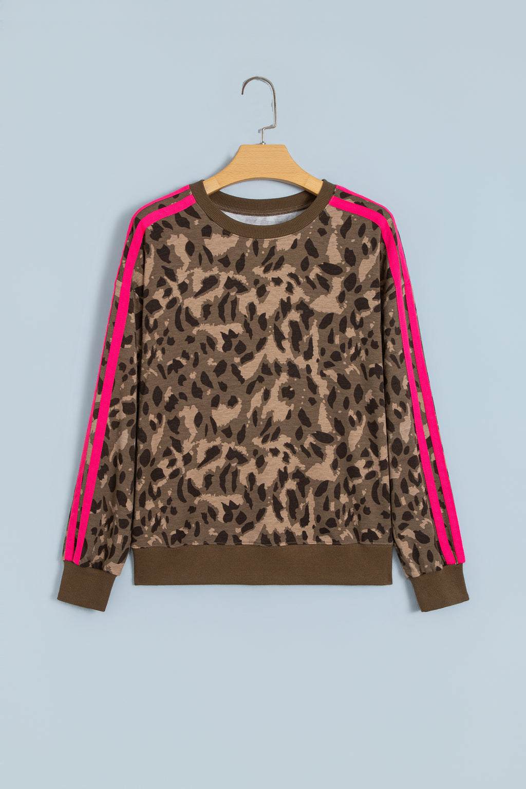 Brown Leopard Print Striped Detail Pullover Sweatshirt