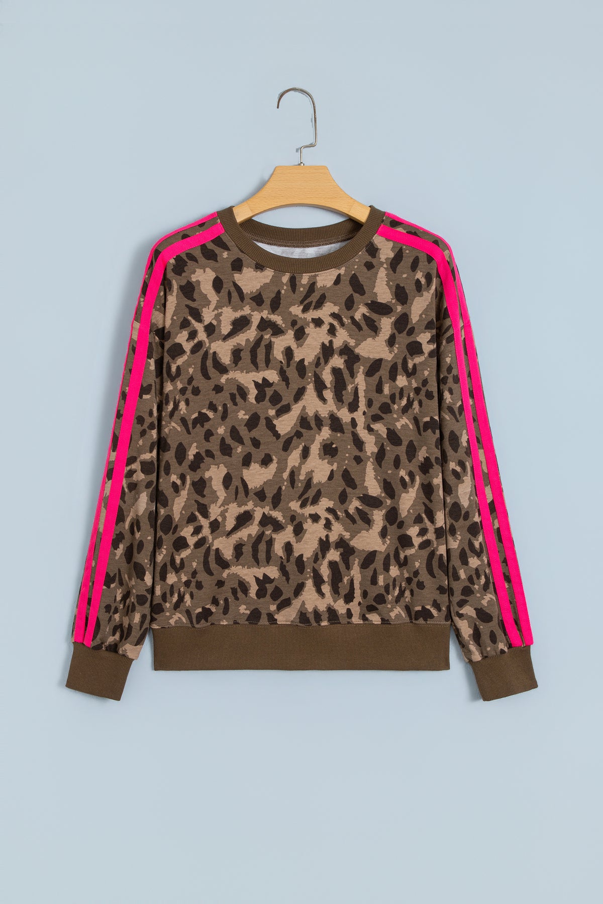 Brown Leopard Print Striped Detail Pullover Sweatshirt