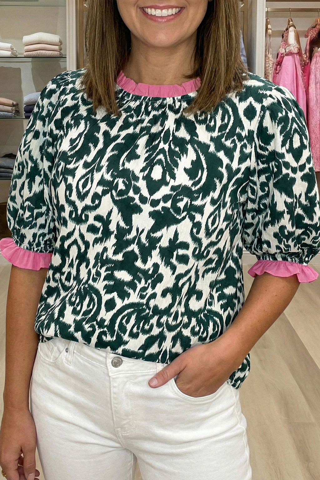 Green Damask Print Ruffled Blouse