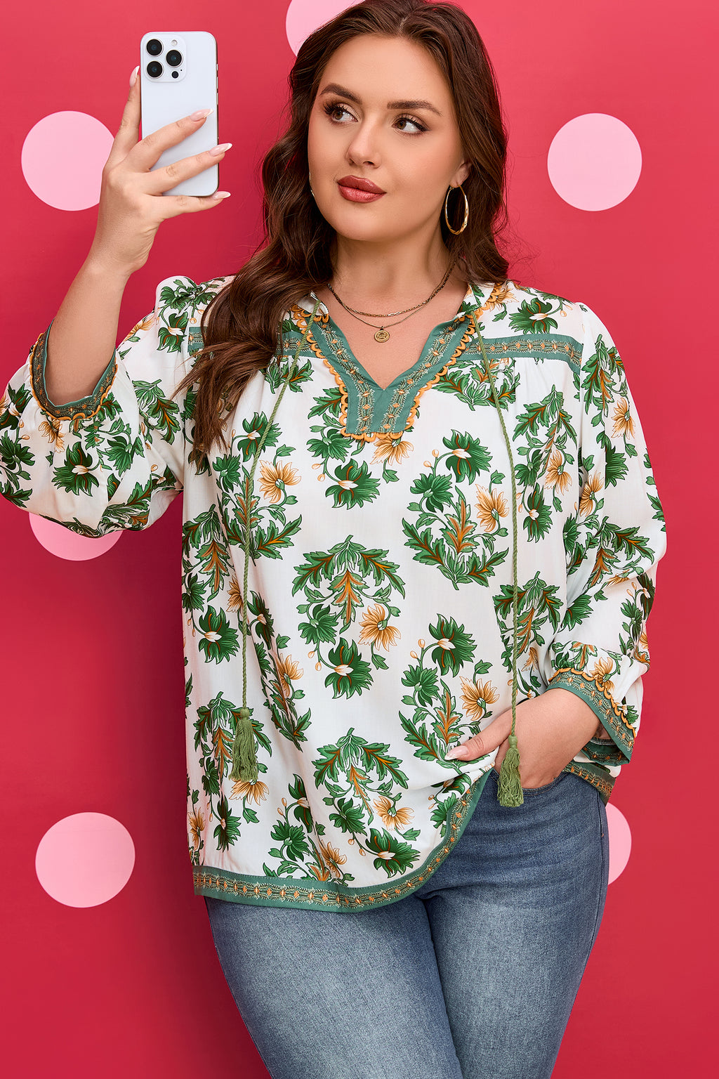 Green Plus Size Floral Printed Detail Blouse