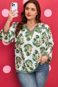 Green Plus Size Floral Printed Detail Blouse