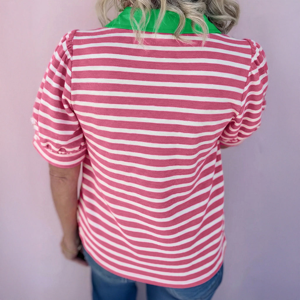 Black Stripe Short Puff Sleeve Blouse