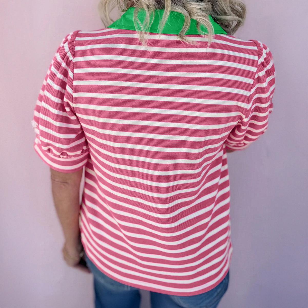 Black Stripe Short Puff Sleeve Blouse