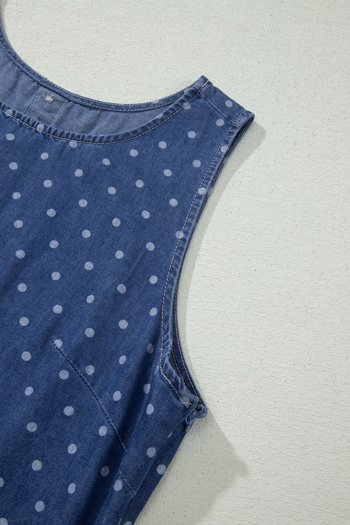 Blue Polka Dot Ruffle Hem Sleeveless Denim Dress