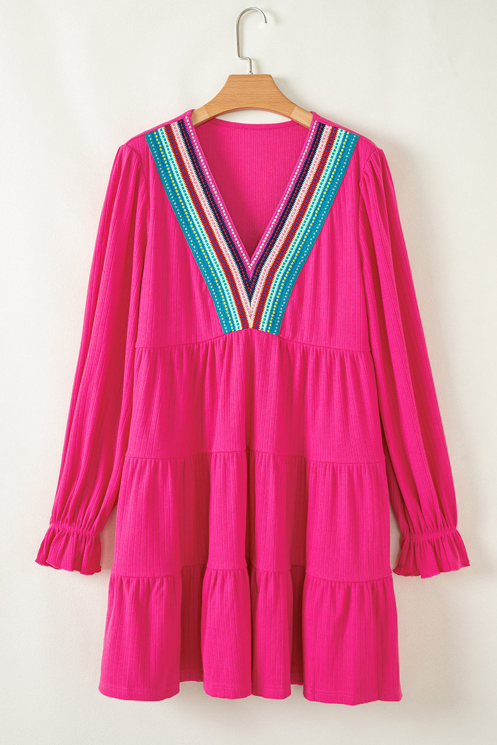 Rose Red Colorful Ruffled Long Sleeve Dress
