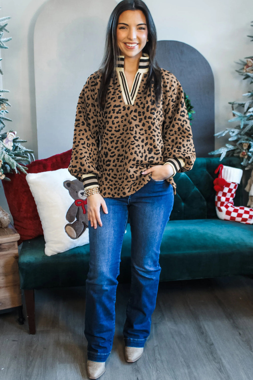 Brown Leopard Print Long Sleeve Pullover