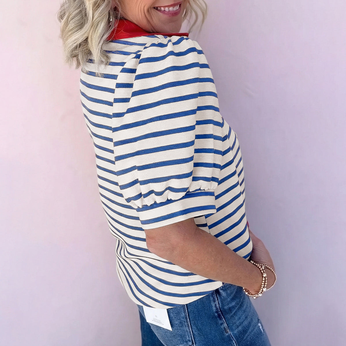 Black Stripe Short Puff Sleeve Blouse
