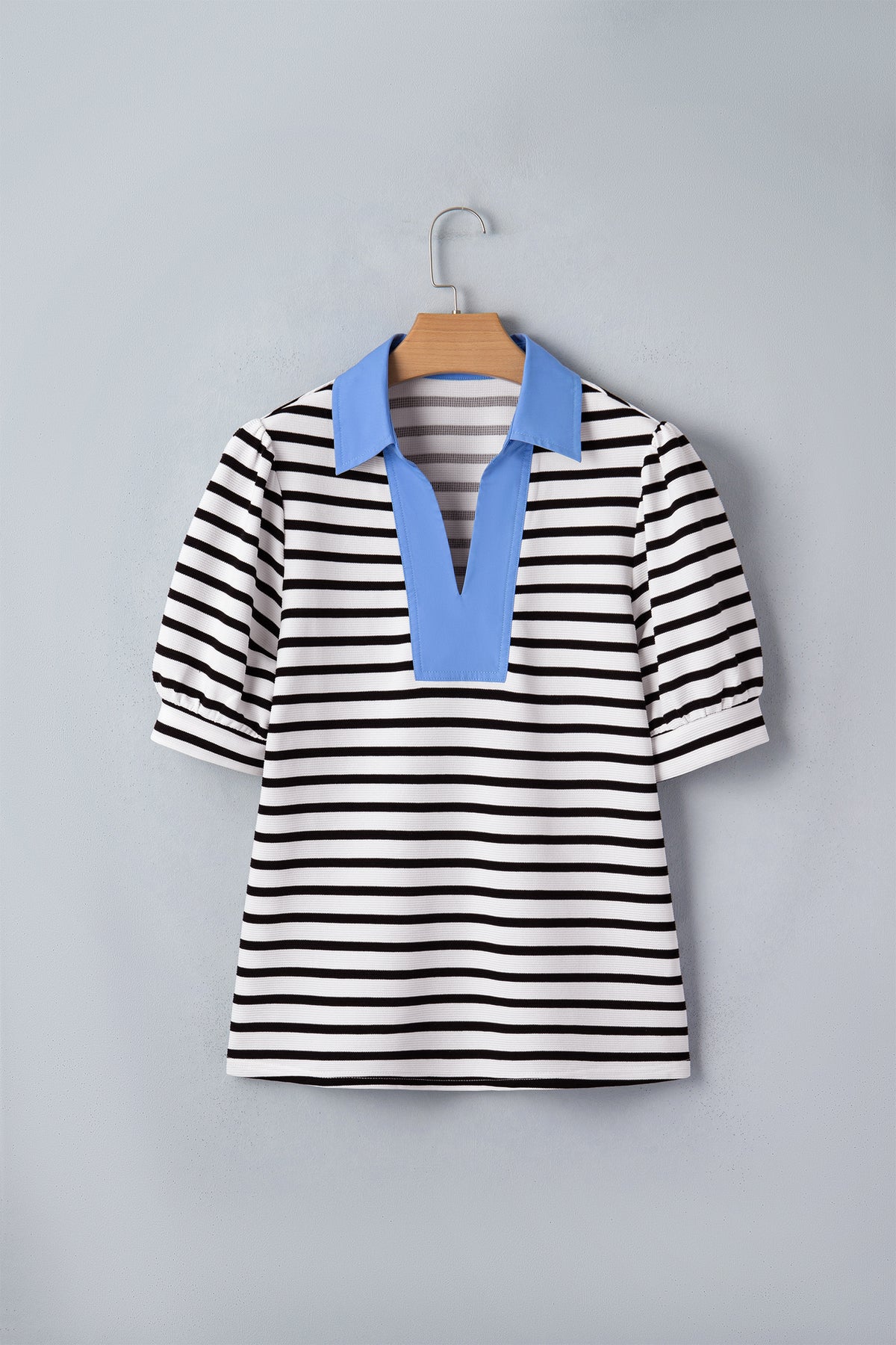 Black Stripe Short Puff Sleeve Blouse