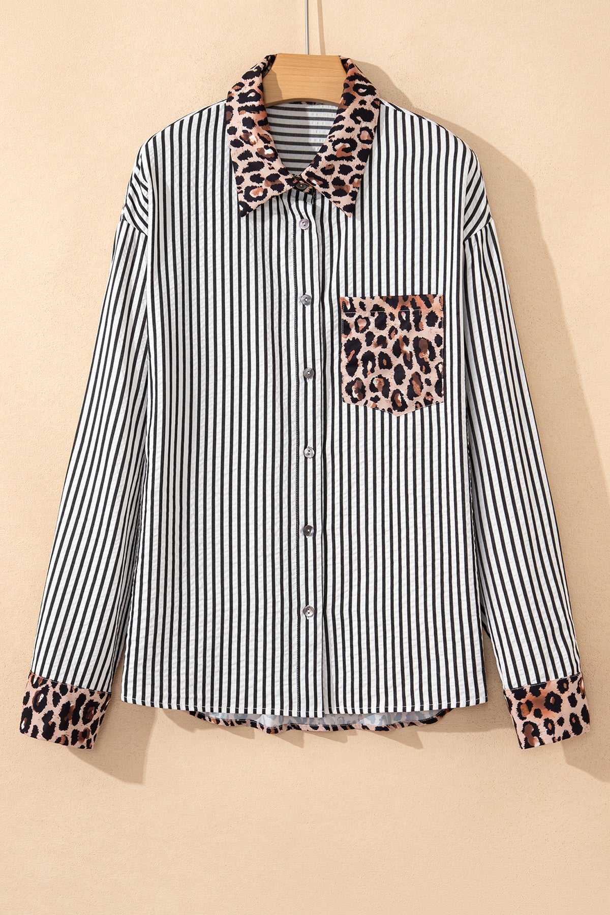 Leopard Print Patchwork Button Up Womens Shirt