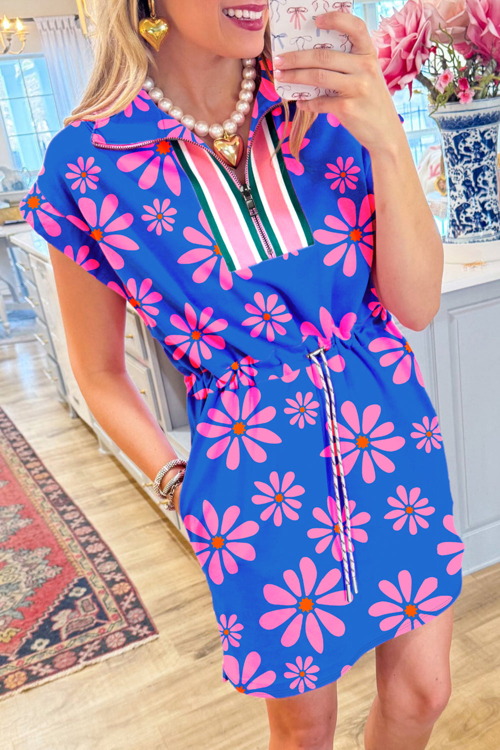 Purple Floral Striped Quarter Zip Dress