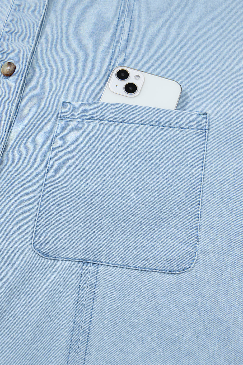 Ruffled Edge Collared Shift Denim Dress with Pockets