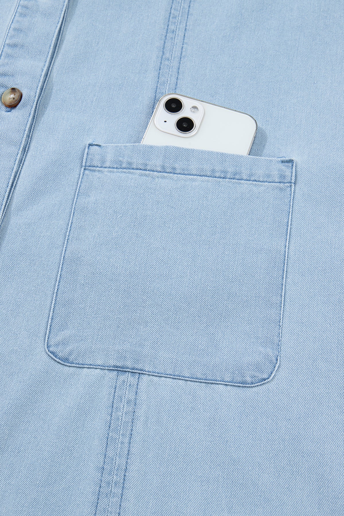 Ruffled Edge Collared Shift Denim Dress with Pockets