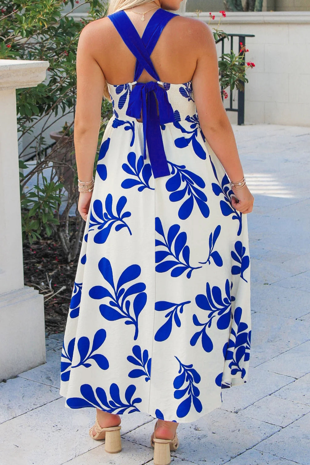 Blue Floral Print Crisscross Tie Back Sleeveless Dress