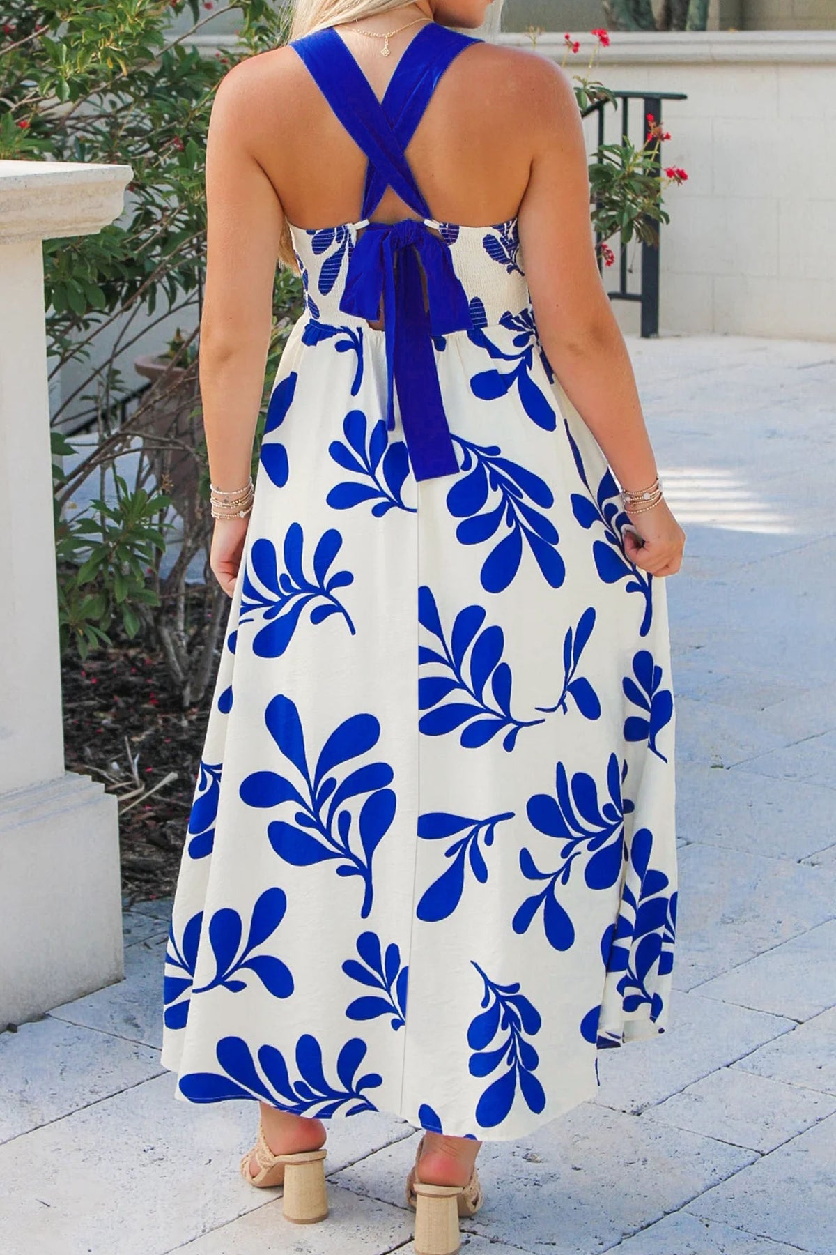 Blue Floral Print Crisscross Tie Back Sleeveless Dress