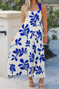 Blue Floral Print Crisscross Tie Back Sleeveless Dress
