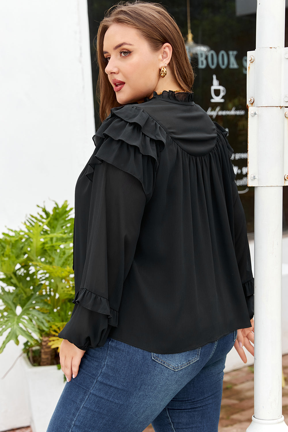 Plus size Black Ruffle Chiffon Elegant blouse