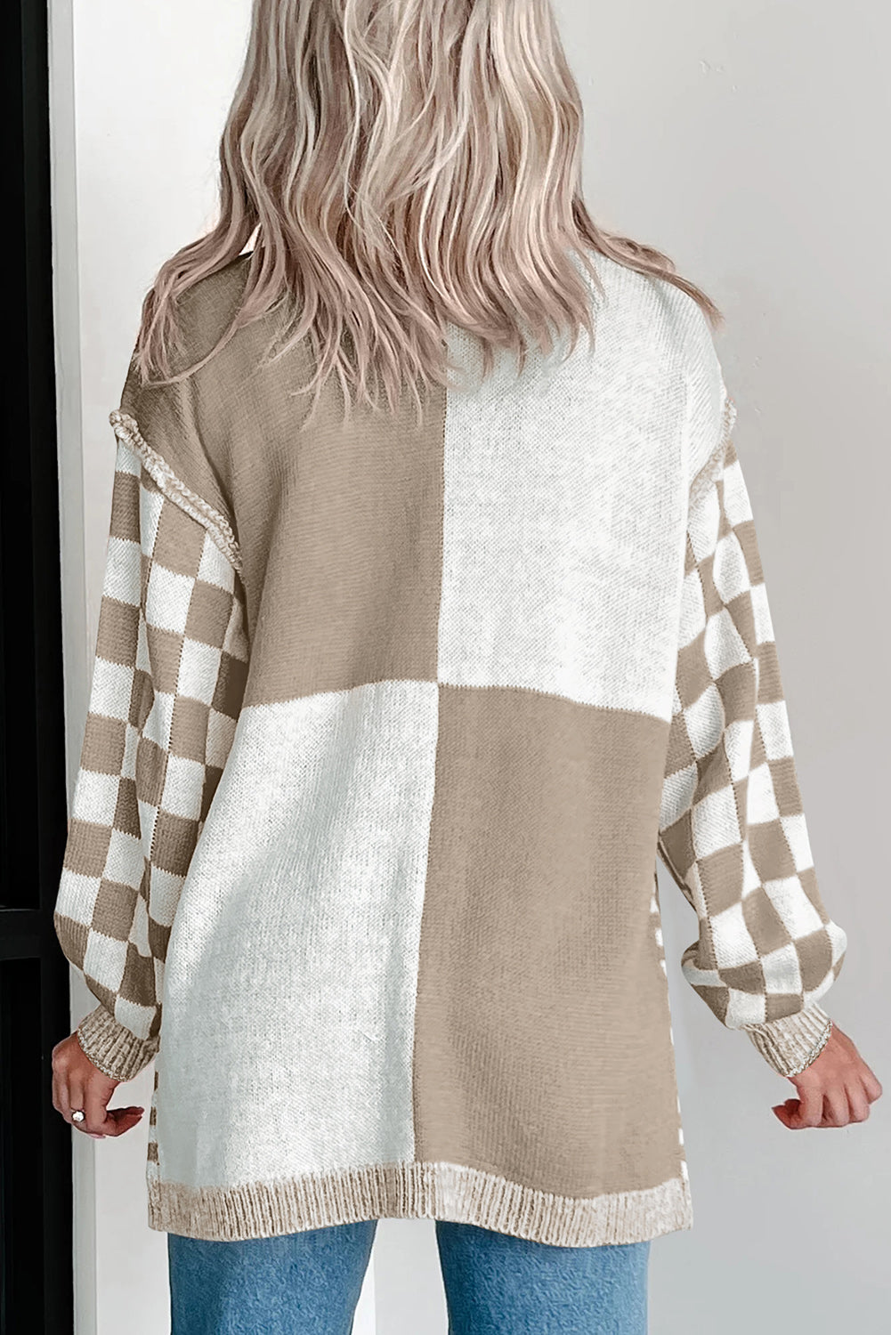 Checkered Open Front Drop Shoulder Cardigan