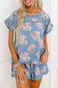 Sky Blue Floral Denim Loose Shorts 2pcs Set
