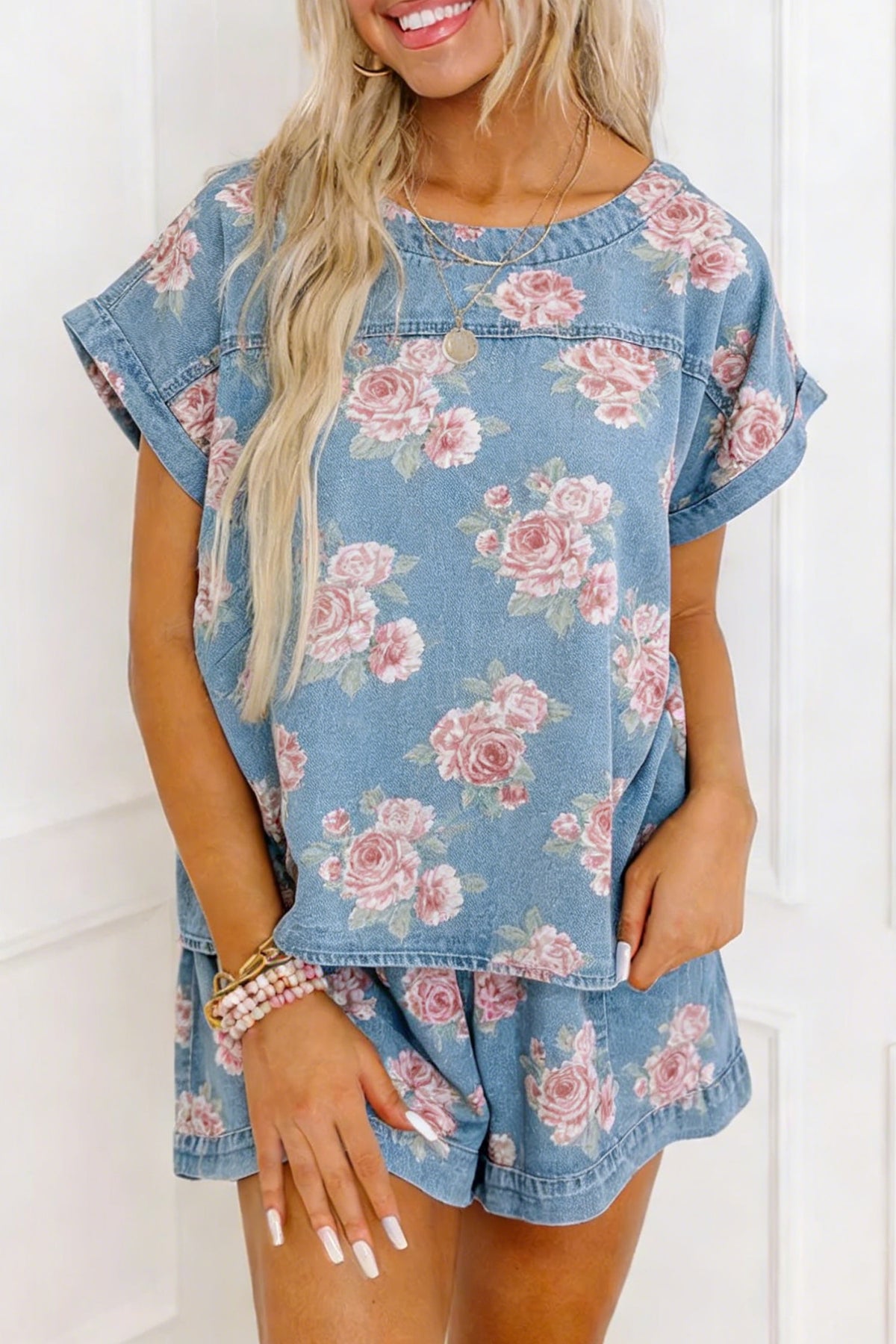 Sky Blue Floral Denim Loose Shorts 2pcs Set