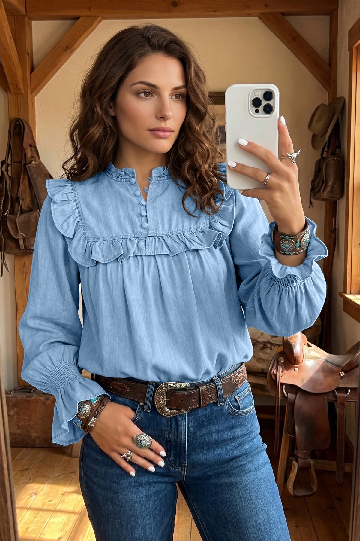 Western Ruffle Long Sleeve  Blouse