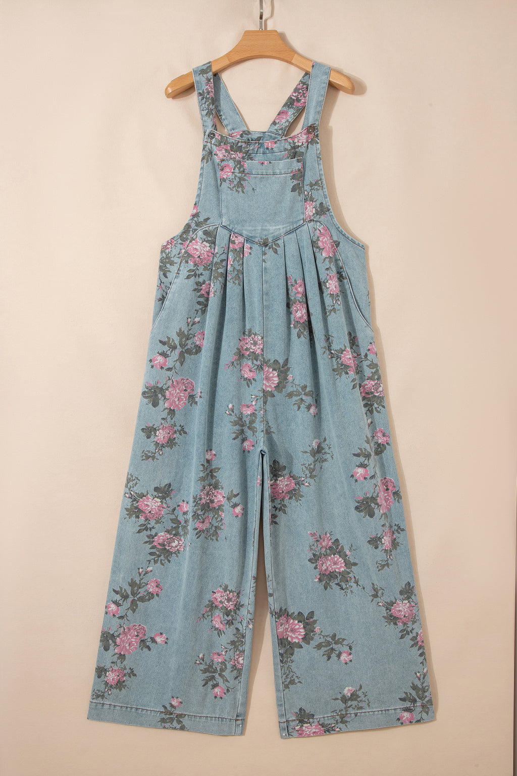 Floral Print Pleated Wide Leg Denim Jumpsuit