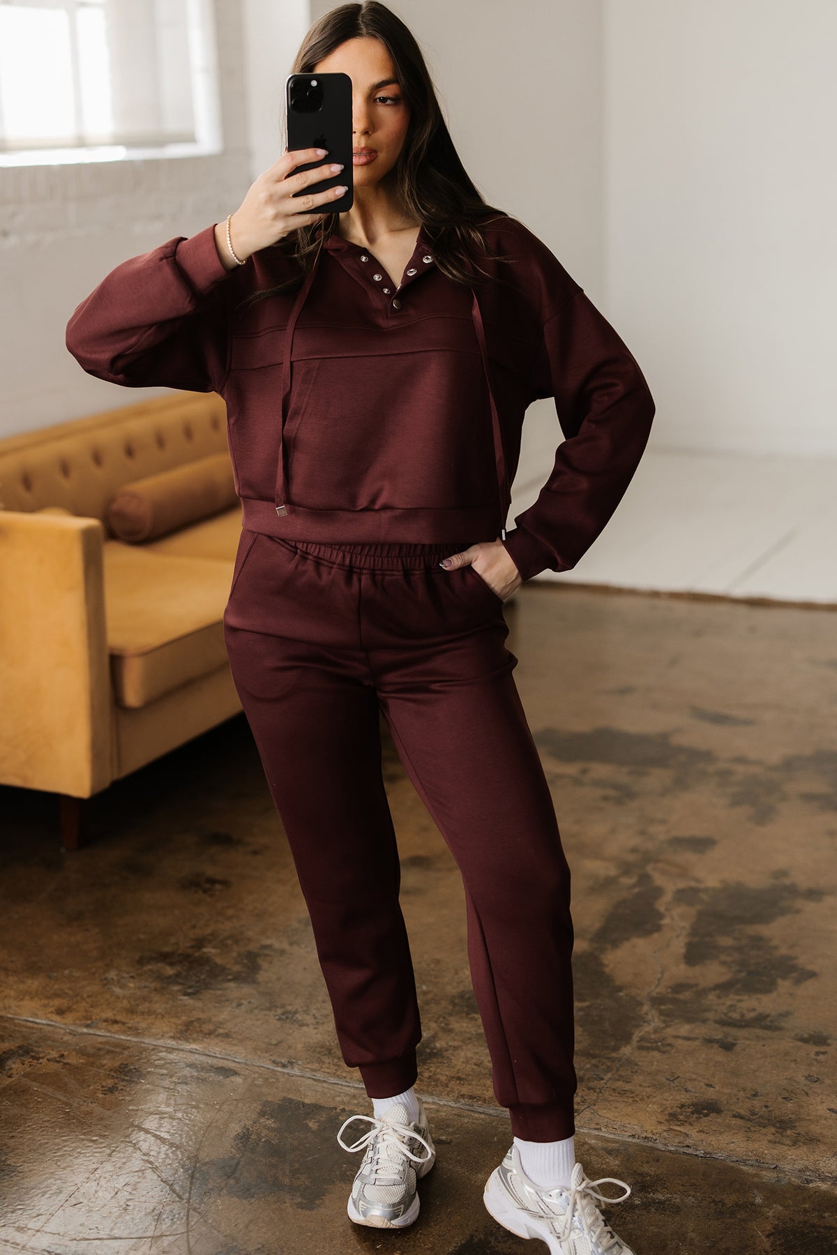 Chicory Coffee Button Drawstring Cropped Hoodie Jogger 2pcs Set