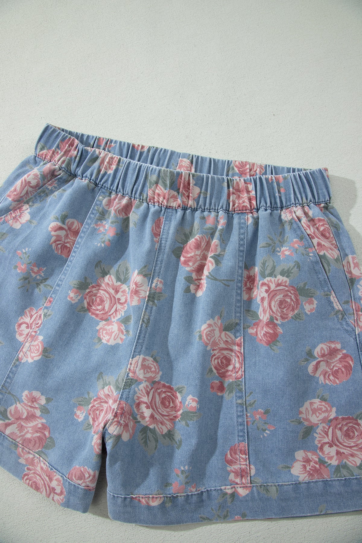 Sky Blue Floral Denim Loose Shorts 2pcs Set
