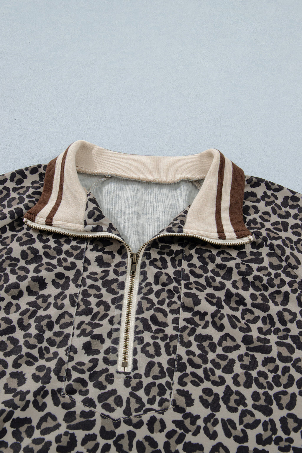 Khaki Leopard Print Half Zip Short Sleeve Top