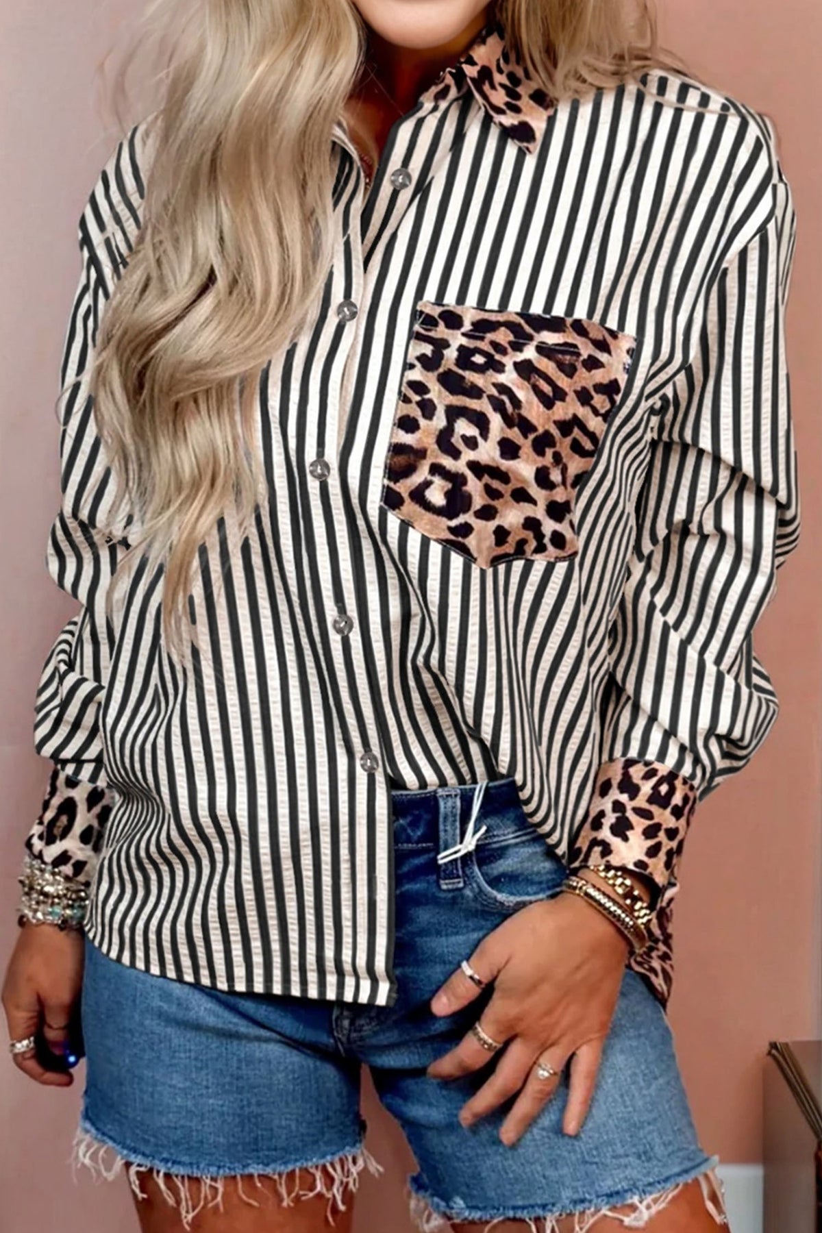 Leopard Print Patchwork Button Up Womens Shirt