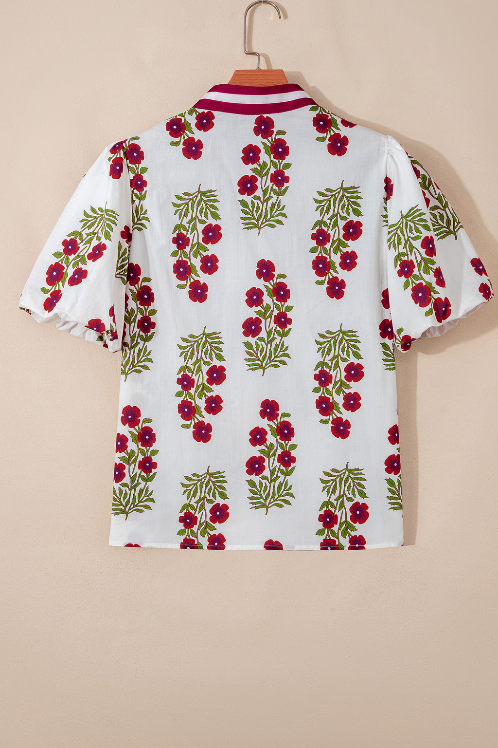 White Floral Short Bubble Sleeve Blouse