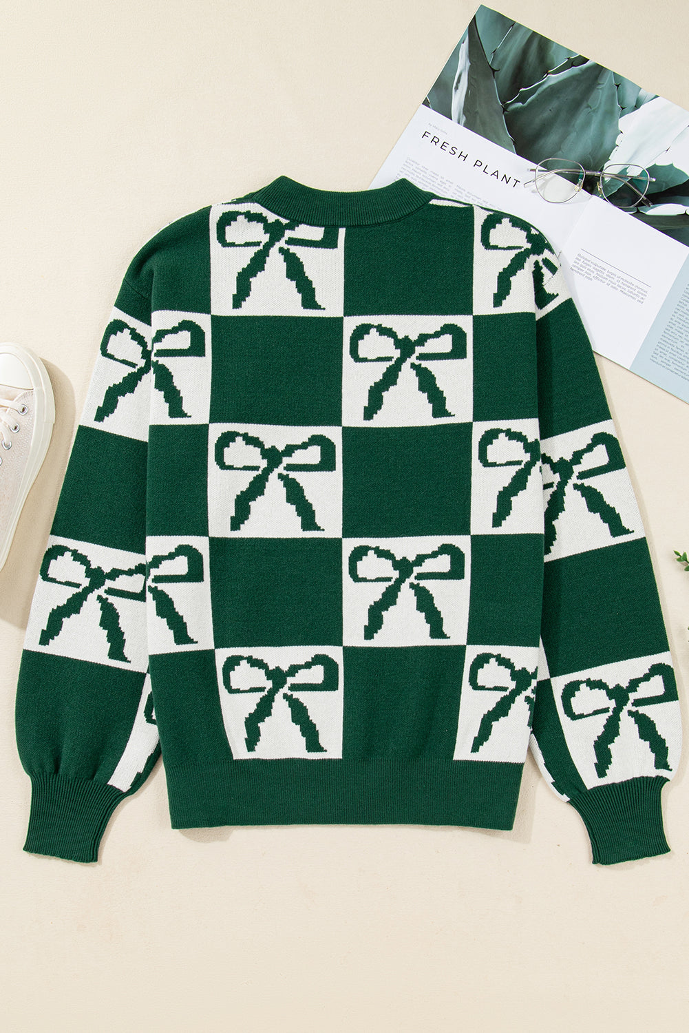 Green Checkered Bow Casual Sweater