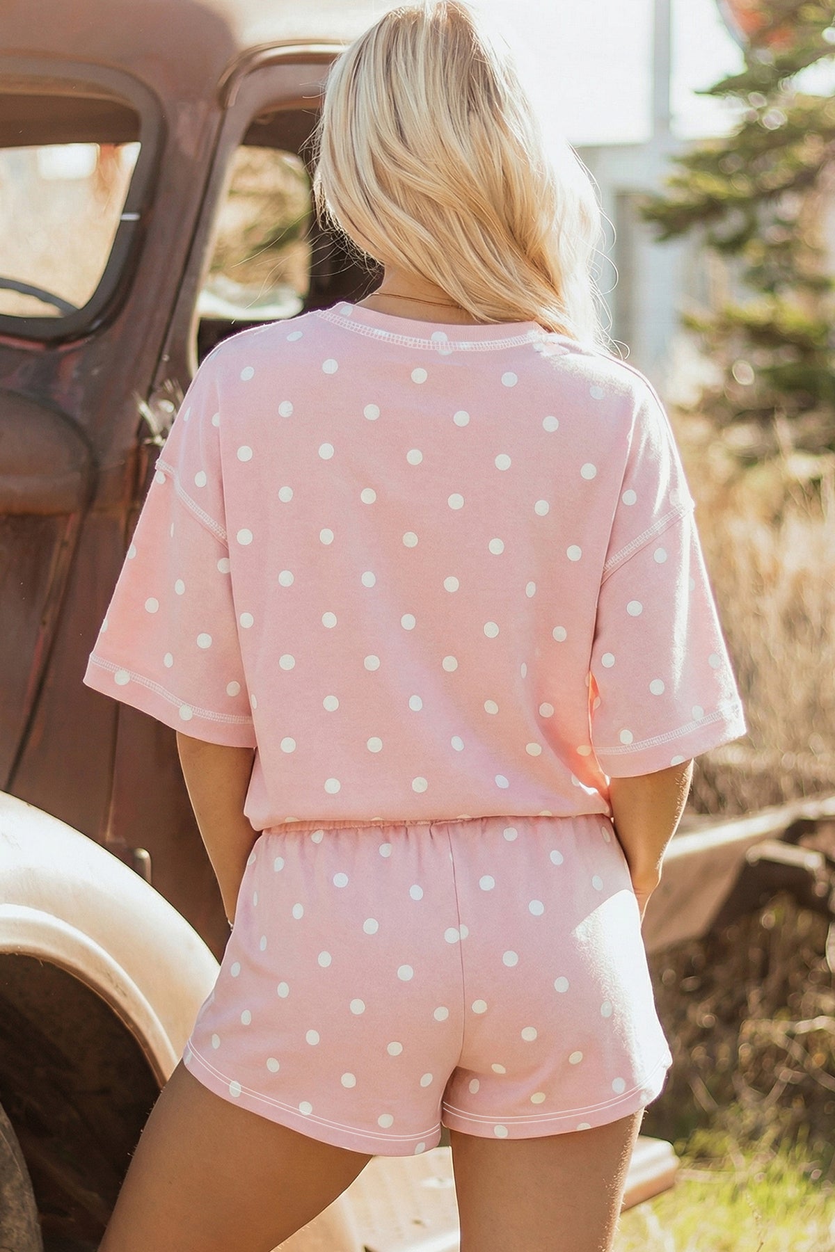 Black Polka Dot Short Sleeve Loose Top Drawstring Shorts Set