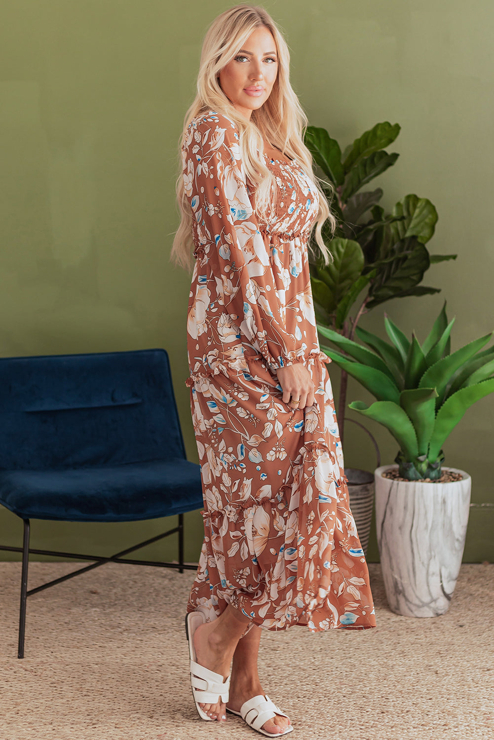 Brown Floral Print Maxi Dress