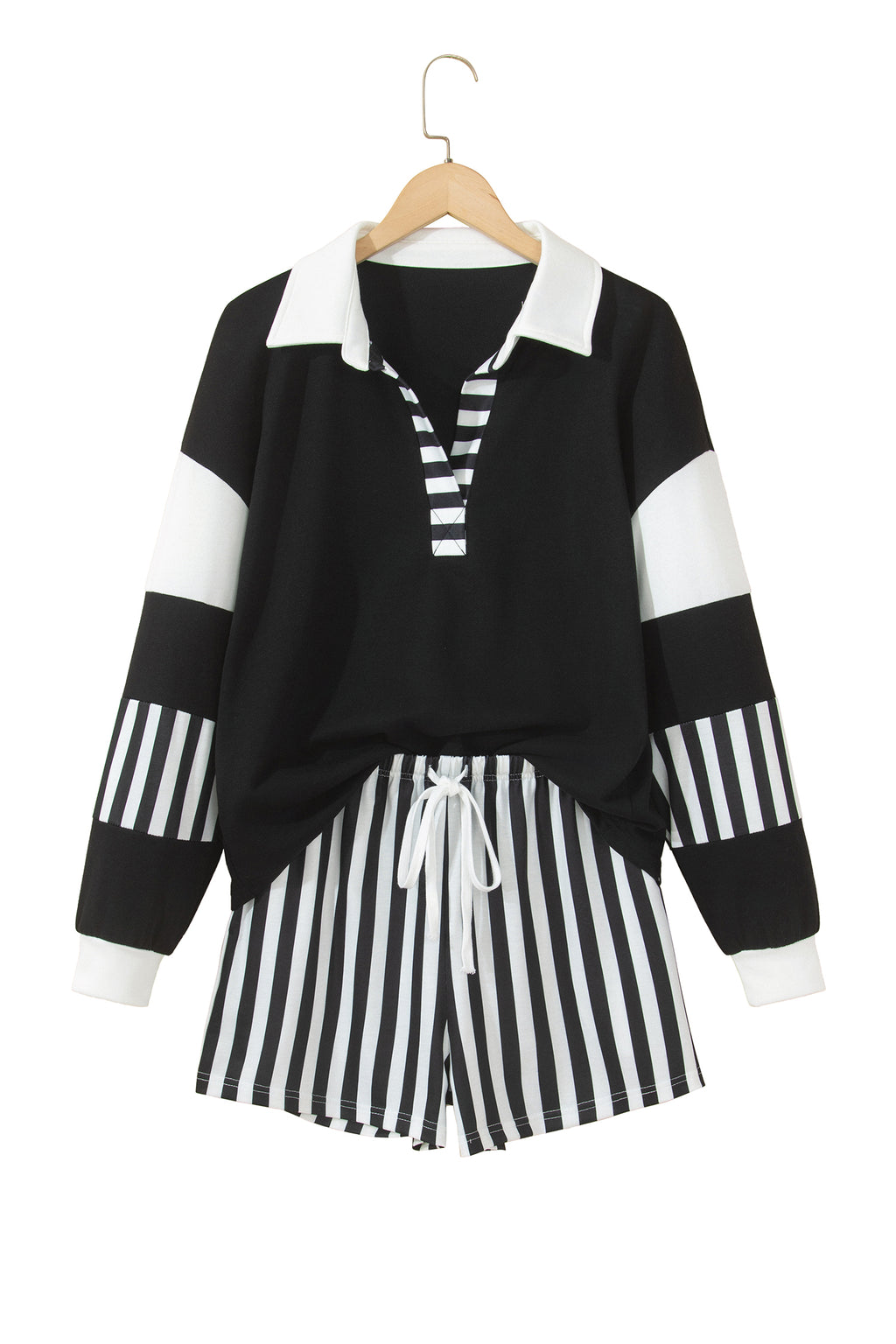 Smoke Green Striped Color Block Pullover Top Drawstring Shorts Set