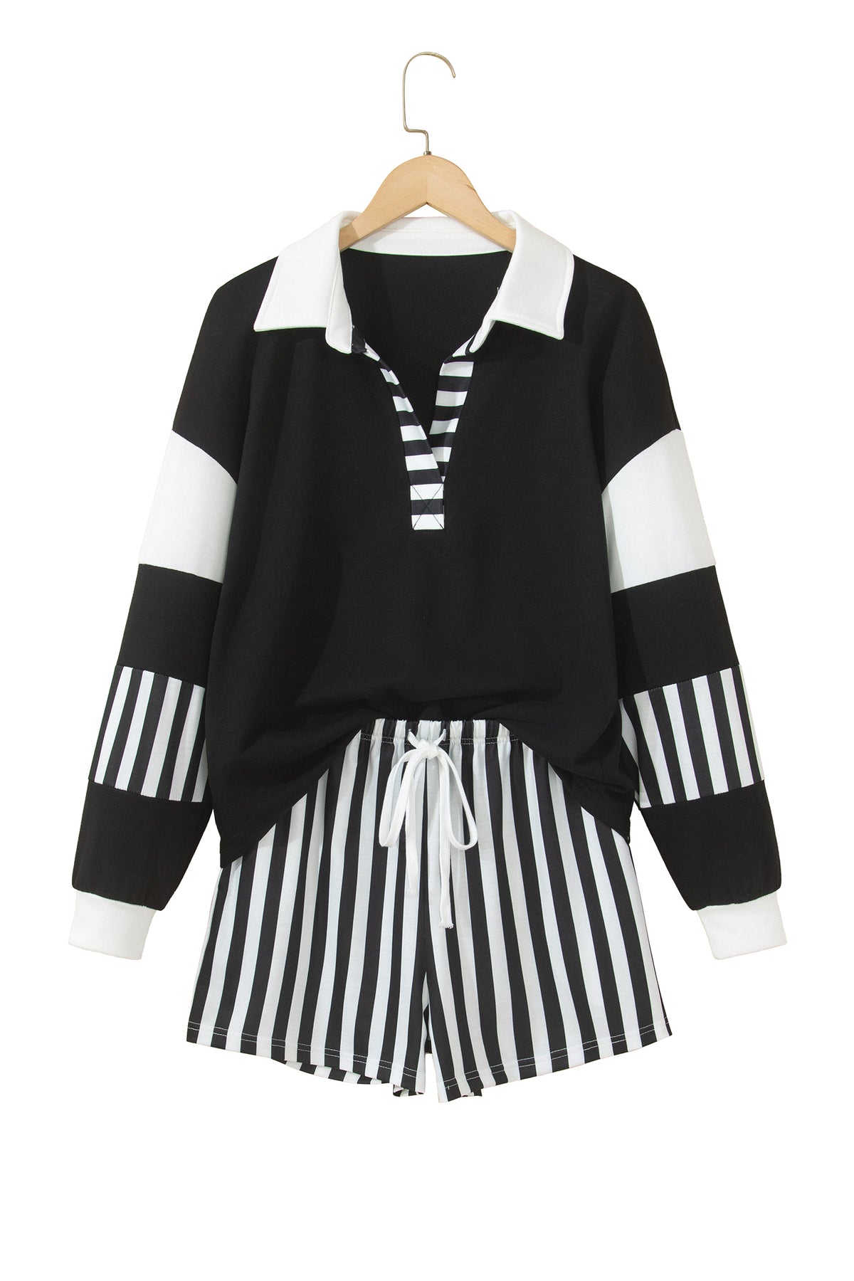 Smoke Green Striped Color Block Pullover Top Drawstring Shorts Set