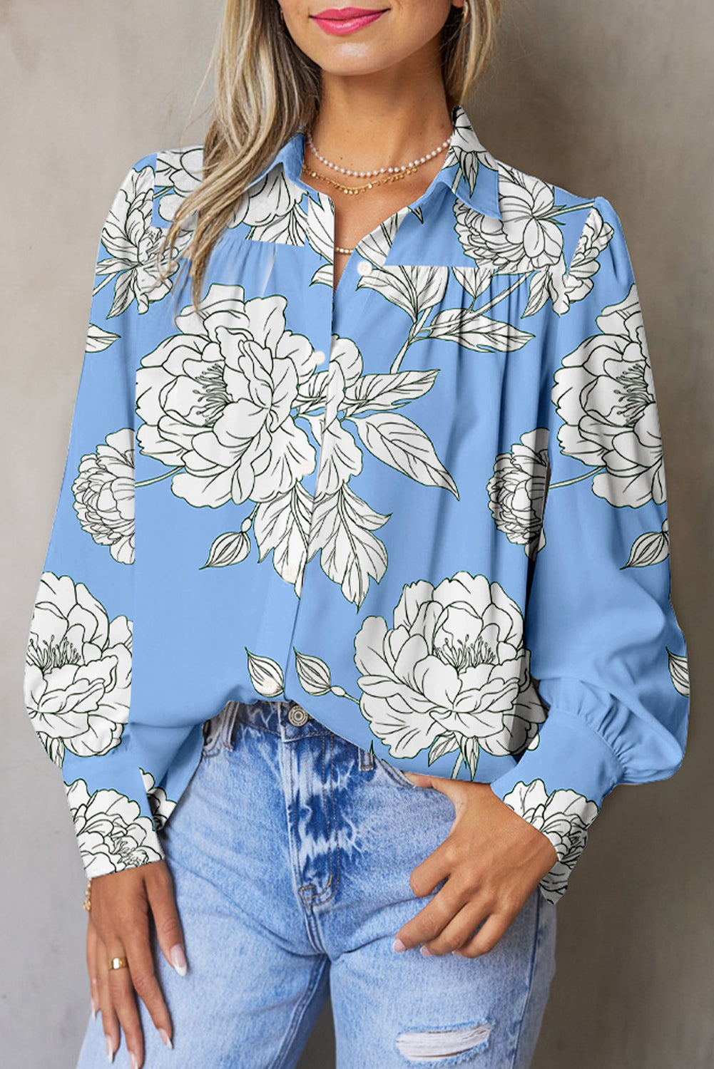 Sky Blue Floral Print Button Up Shirt