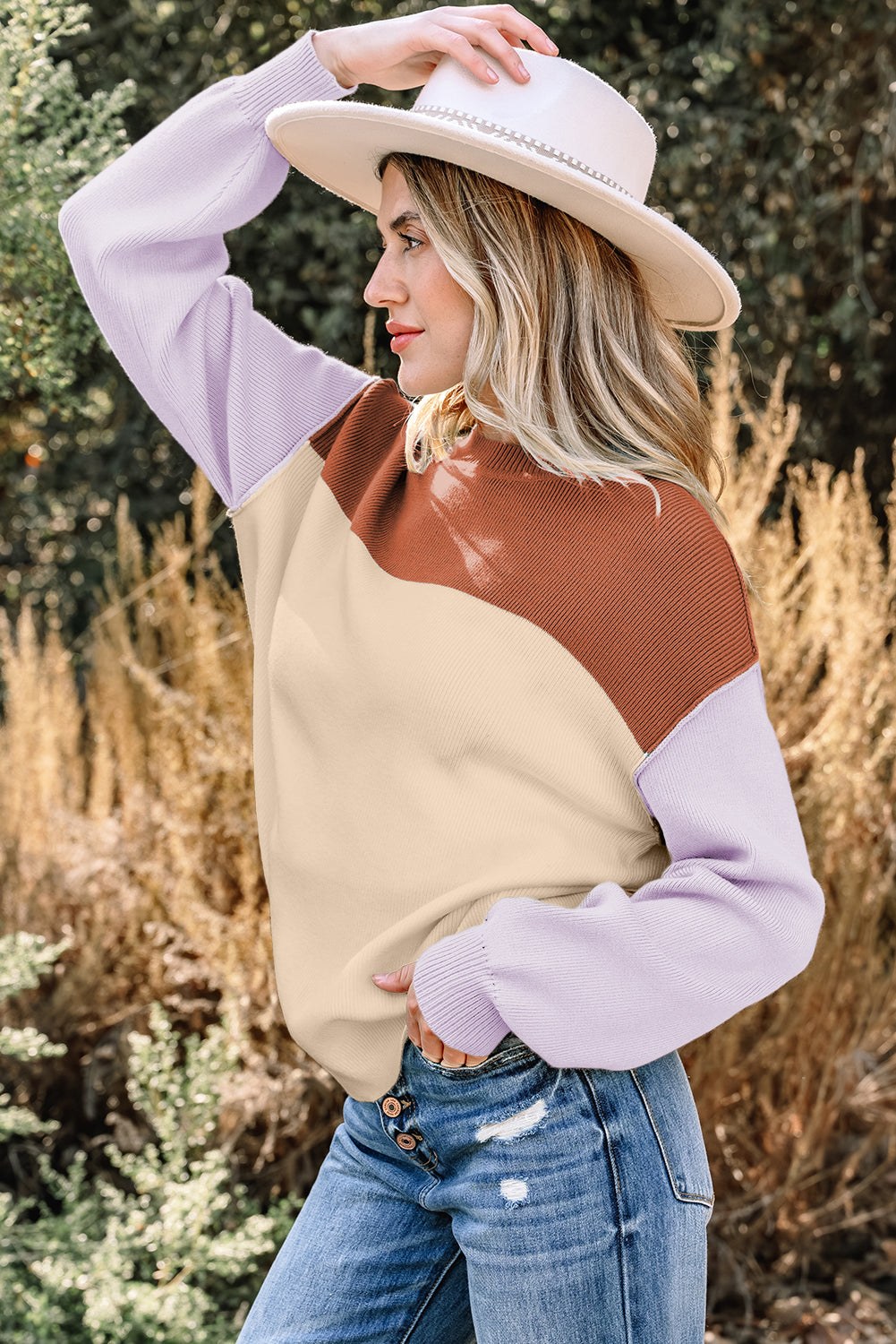 Green Color Block Ribbed Knit Baggy Sweater