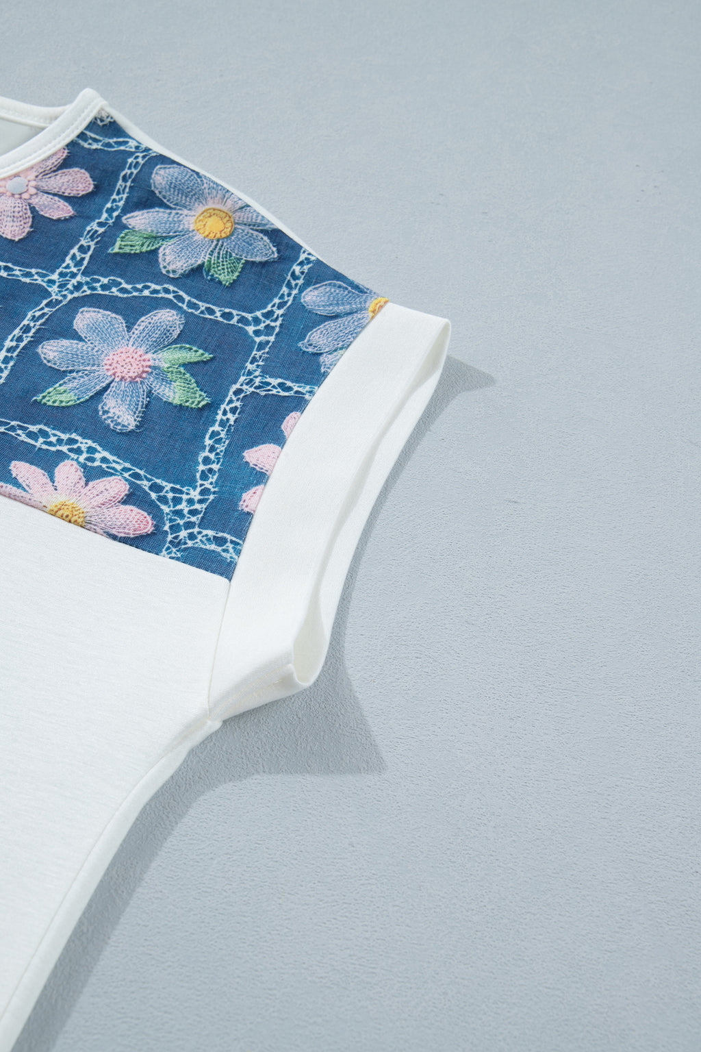White Floral Patchwork Short Sleeve Blouse