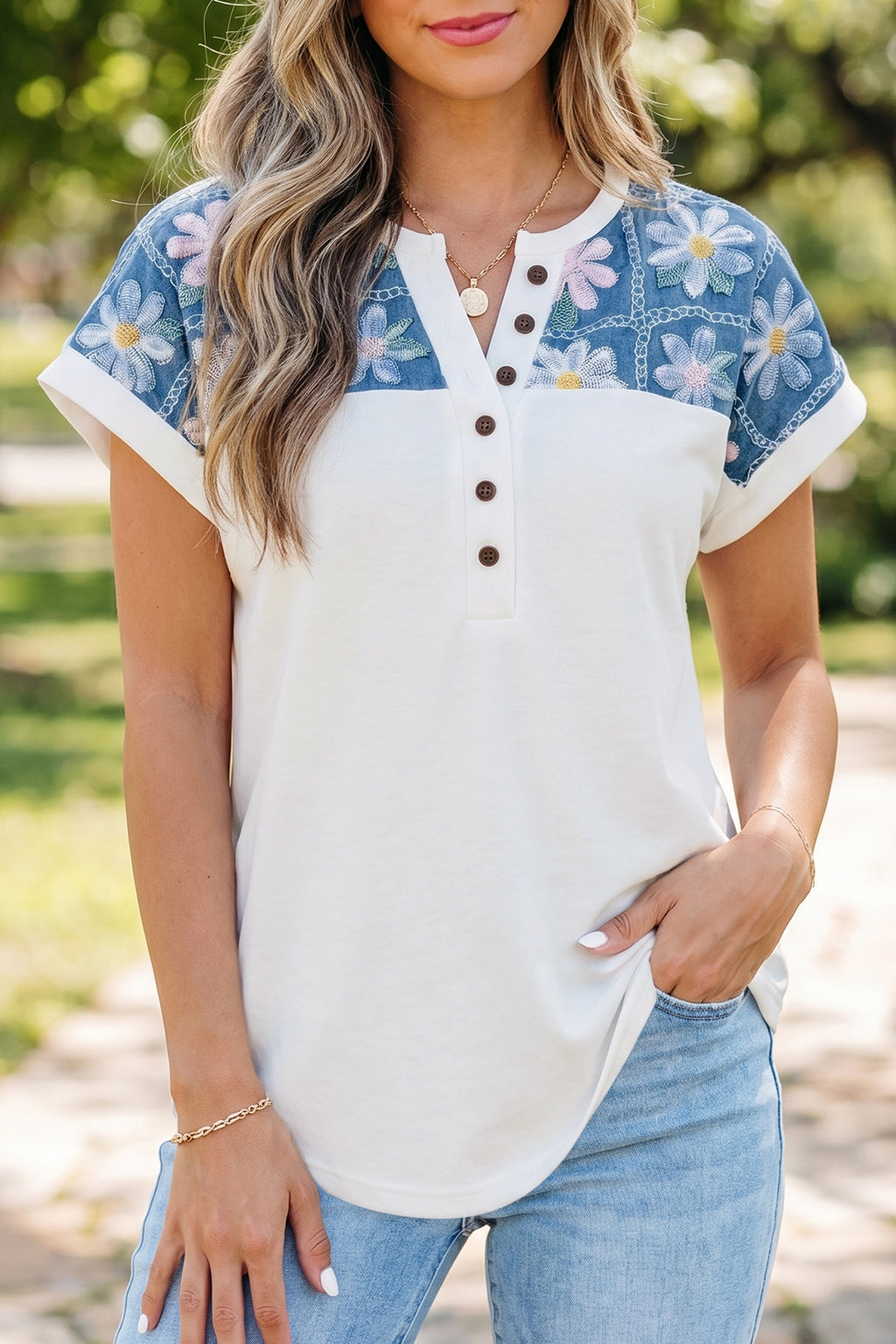 White Floral Patchwork Short Sleeve Blouse