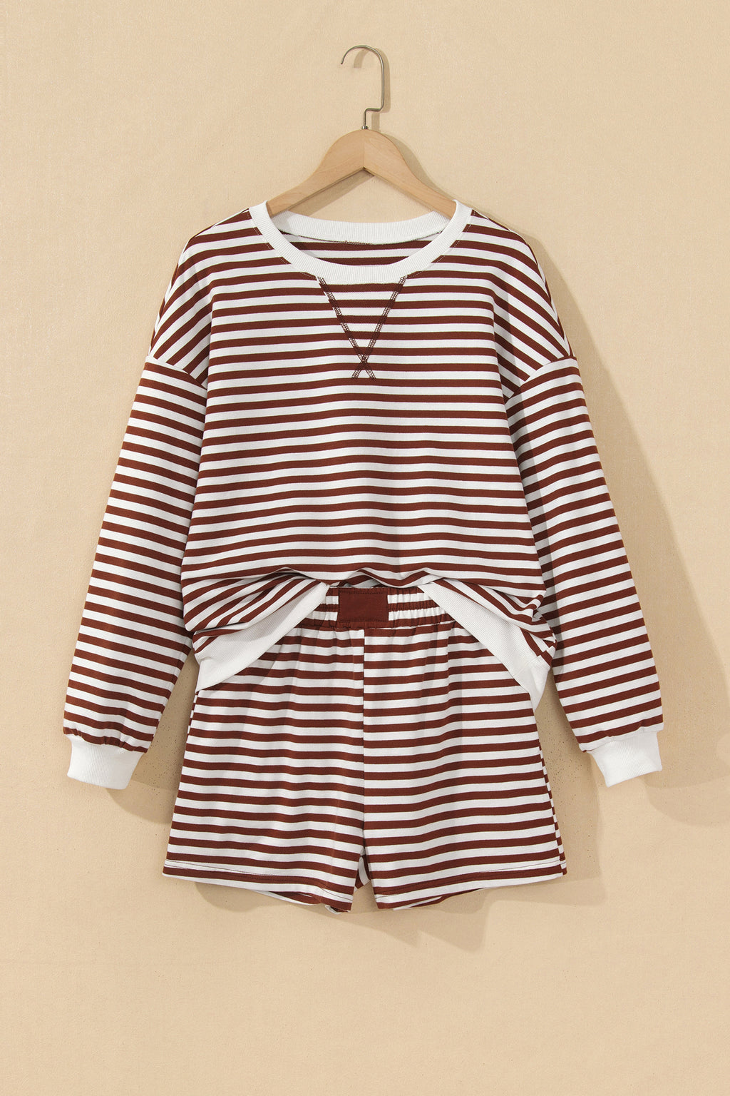 Grapefruit Orange Drop Shoulder Long Sleeve Pullover Elastic Waist Casual Short Set